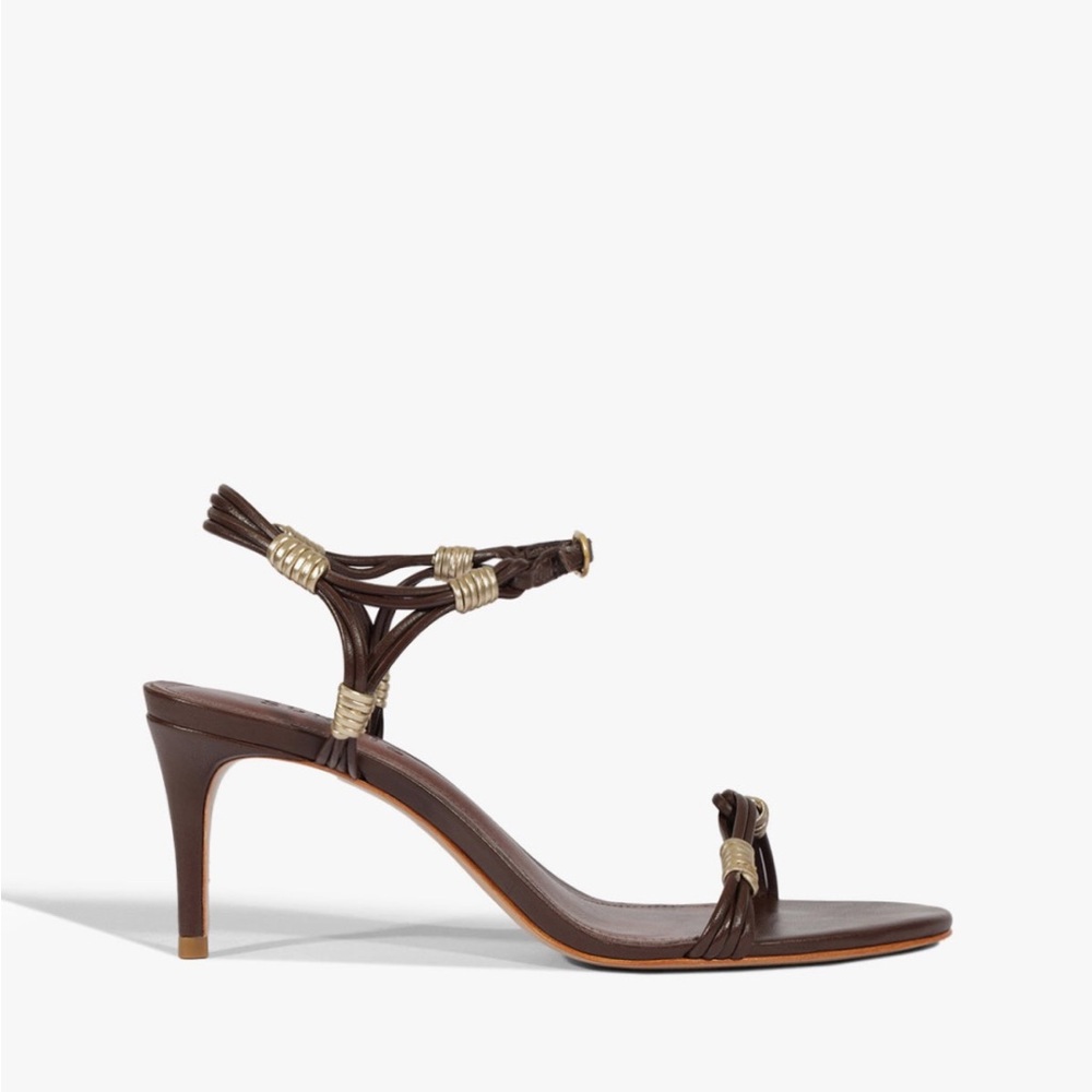 SCHUTZ Brown Leather Knotted High-Heel Sandal with Gold Accents - Picture 4 of 5